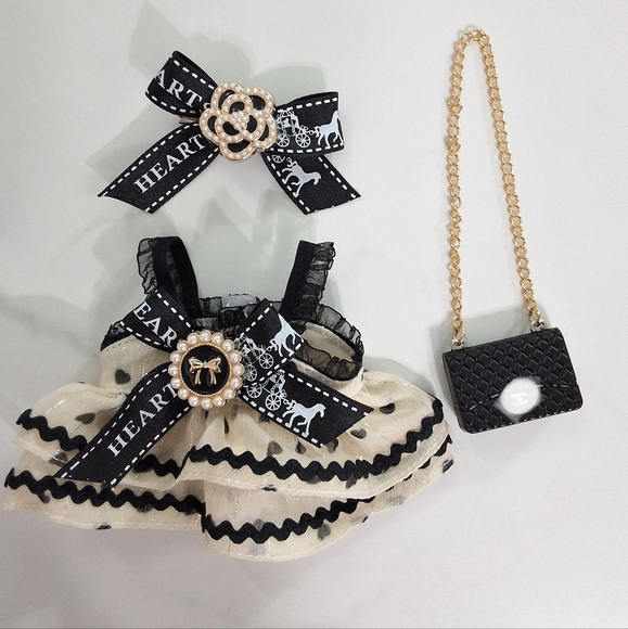 NEW Labubu Lux Outfit- Black & Cream Dress With Bow And Quilted Gold Chain Bag NEW Labubu Lux Outfit- Black & Cream Dress With Bow And Quilted Gold Chain Bag